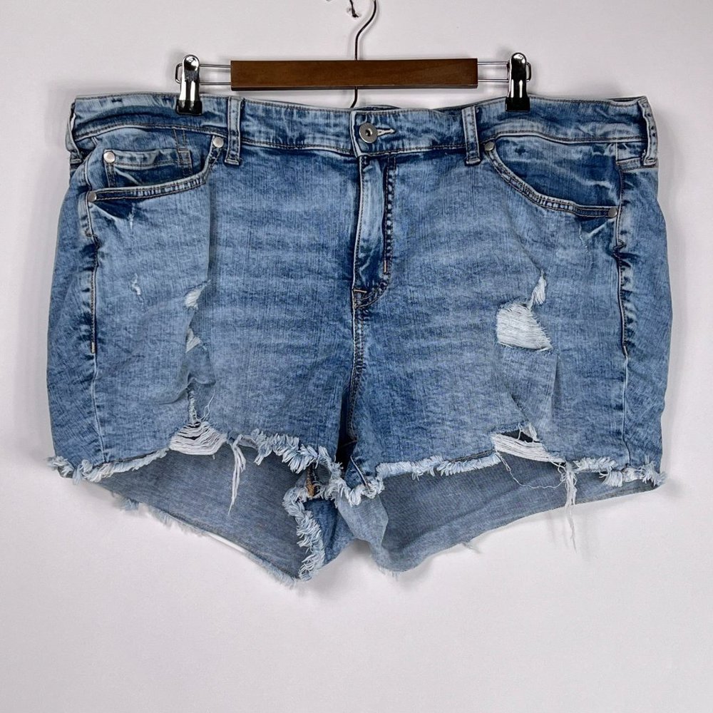 Torrid Blue Denim Distressed Cut Off Stretch High Rise Womens Shorts Size 24 - Picture 2 of 8